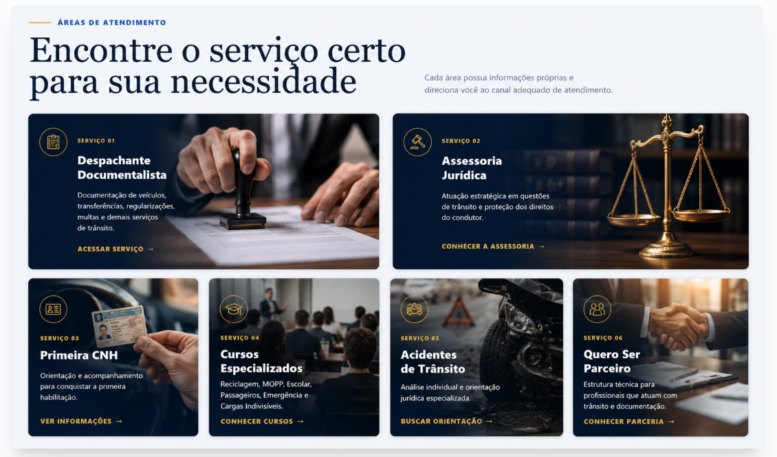 Áreas de atendimento: Despachante Documentalista, Assessoria Jurídica, Primeira CNH, Cursos Especializados, Acidentes de Trânsito e Quero Ser Parceiro